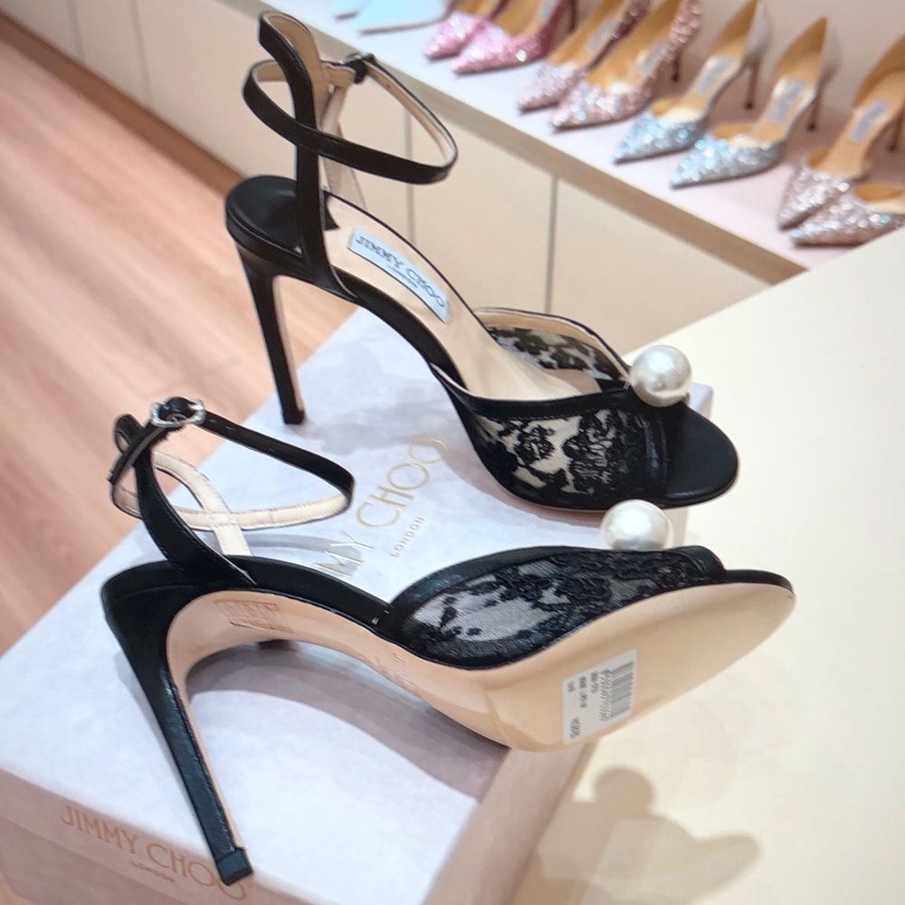 Jimmy Choo Black Lace Pearl-Embellished Ankle-Strap Heels - Picture 3 of 6